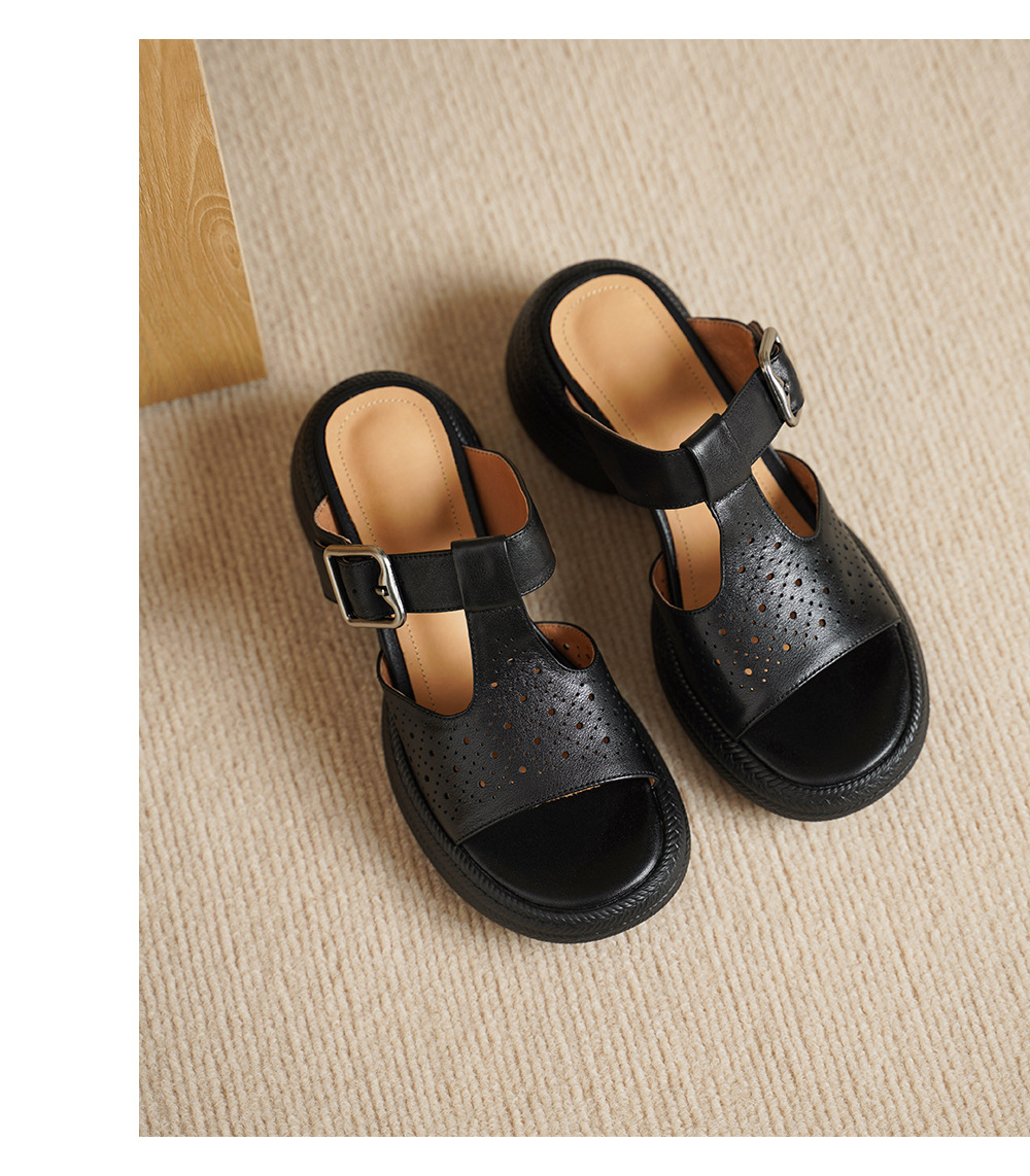 Sandal nữ da bò cao gót quai chữ T đế dày — đen chi tiết 16
