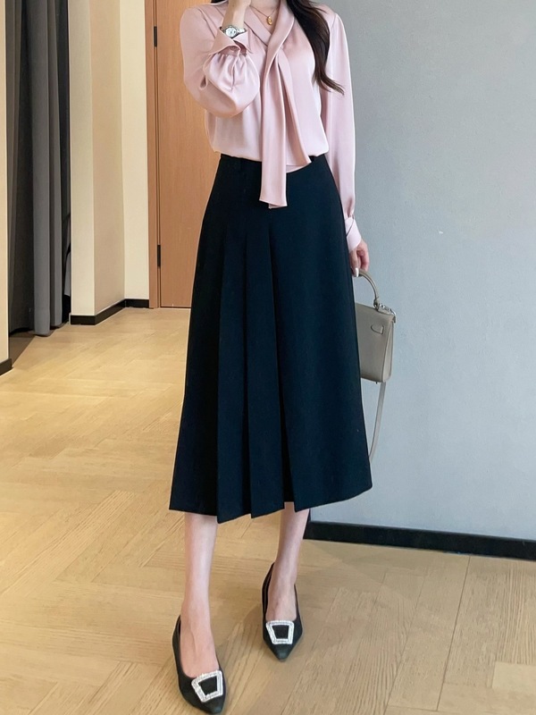 法式气质侧风琴压褶设计宽松显瘦中长款A字半身裙女2025秋G090807|undefined