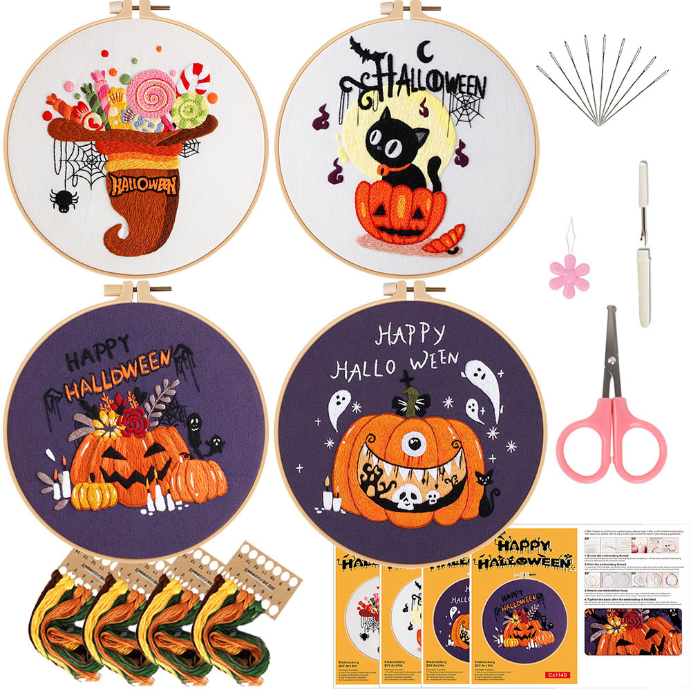 Original nuevo paquete de materiales bordados DIY a mano 2025 Halloween murciélagos calabaza gatos combinación de inglés transfronterizo