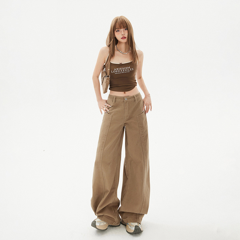 American Retro Machete Jeans Women's 2025 Straight High Waist khaki Casual Pants Stitching Design Sense Logging Pants American Retro Machete Jeans Women's 2025 Straight High Waist khaki Casual Pants Stitching Design Sense Logging Pants