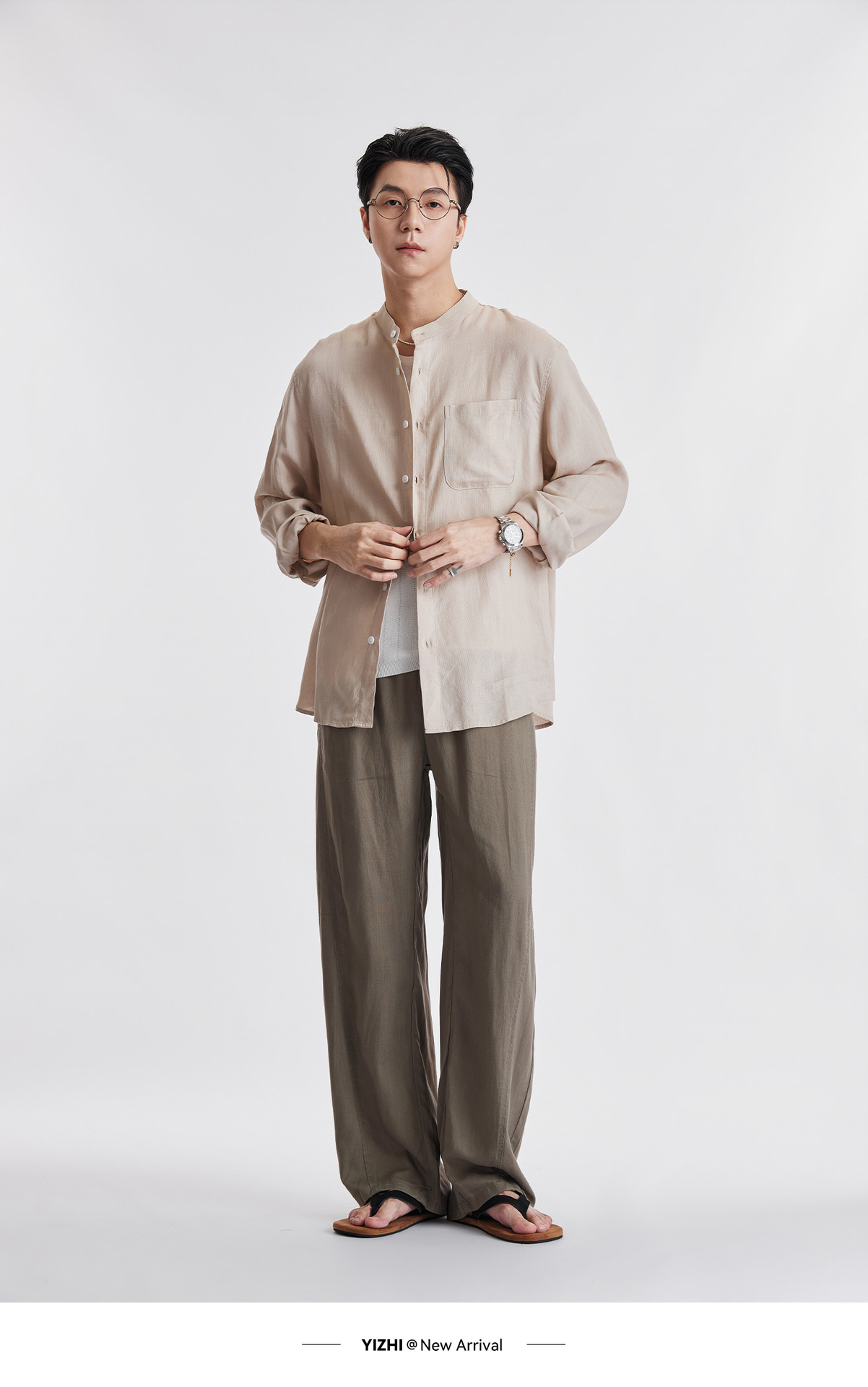 Áo sơ mi nam linen cổ đứng tay dài mùa hè, chất liệu lanh thoáng khí, phong cách Trung Hoa, túi đơn — Xanh navy chi tiết 28
