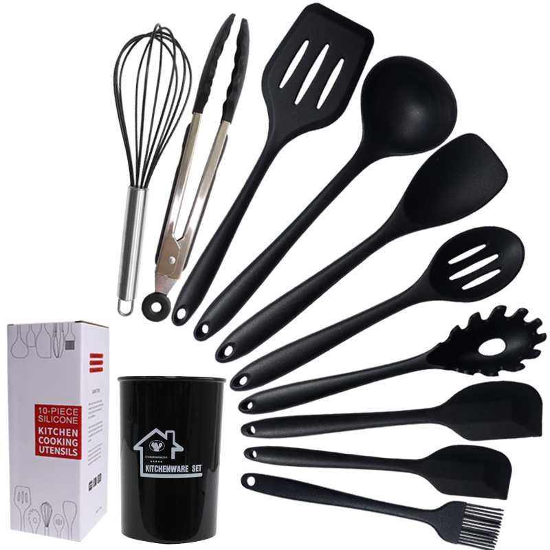 Juego de 10 utensilios de cocina de silicona transfronterizos, espátula y cuchara, antiadherentes, resistentes al calor, de calidad alimentaria