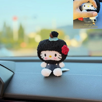 Car ornaments: 2025 New Car Dashboard - little-blue-cat-with-black-ball-head-and-hat-ornament-round-base