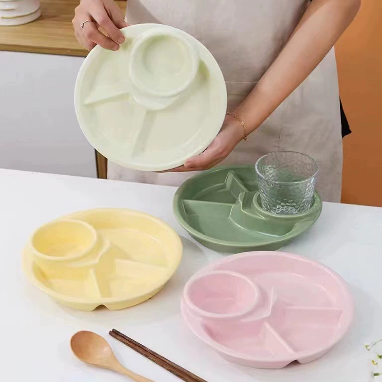 Кремово-желтая обеденная тарелка в стиле ins, уменьшающая жир, разделенная тарелка для одного человека, керамическая посуда, разделенная еда, количественная разделенная тарелка для похудения