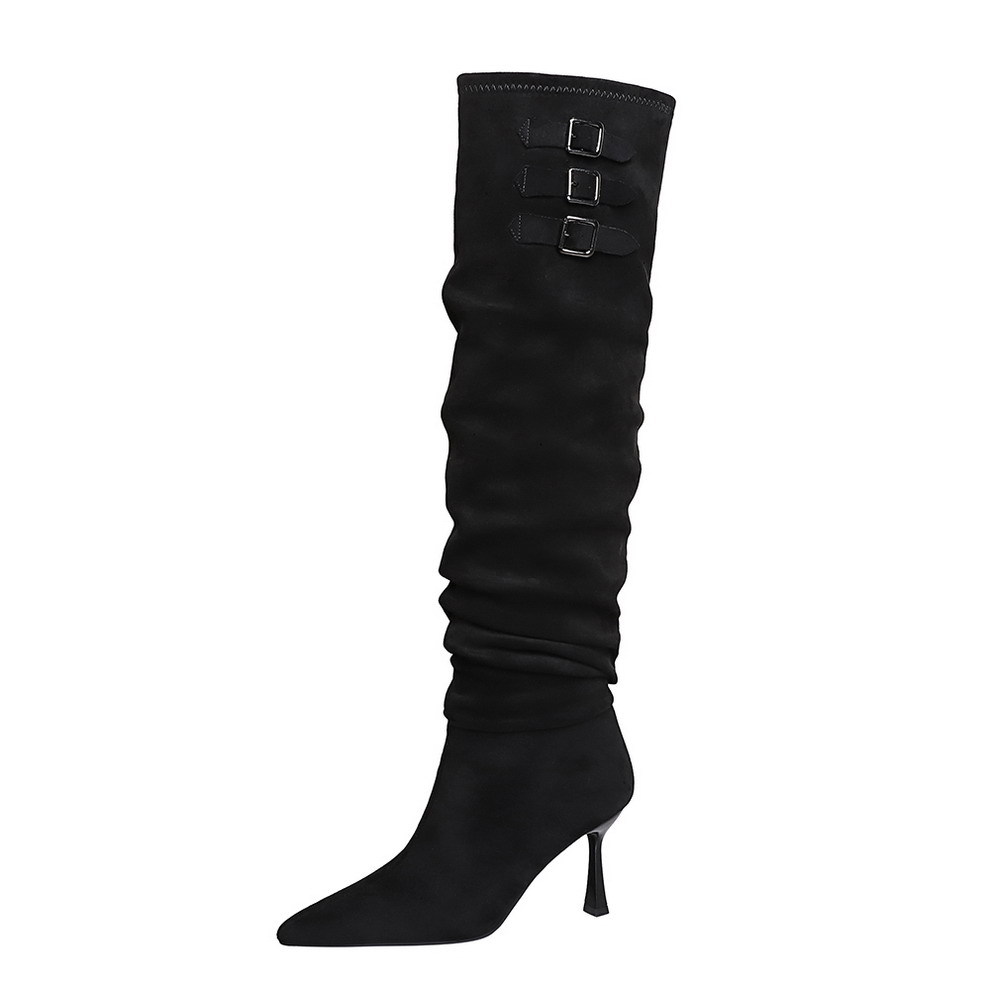 3755-2 European and American Sexy Fashion Women's Boots Pointed Stiletto High Heels Over the Knee Boots High Texture Belt Buckle Decoration Stacked Boots