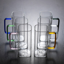 家用加厚透明四方杯彩把果汁咖啡早餐耐热牛奶杯高硼硅玻璃单层杯