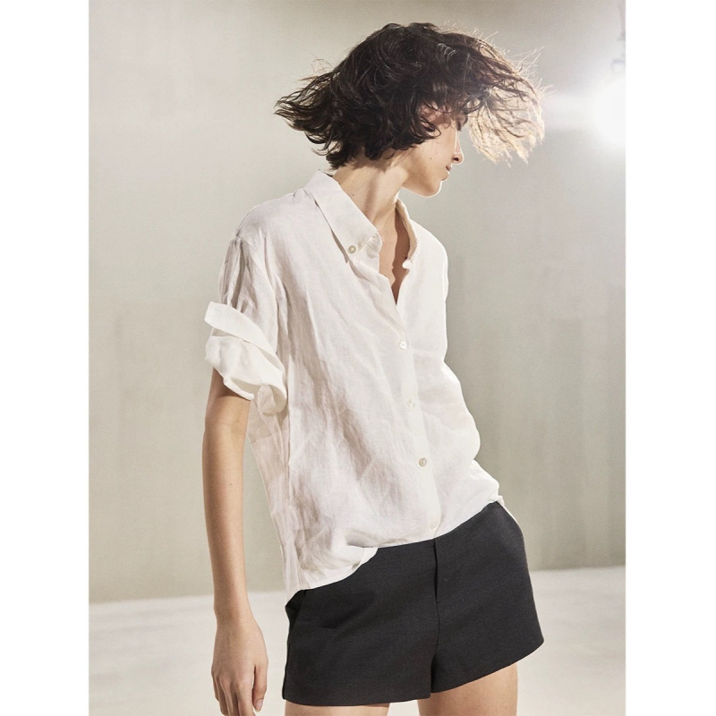 [Same Style as Song Jia] Thsehystreet 002 Hand-Rolled Sleeve Short-Sleeved Shirt (Linen)