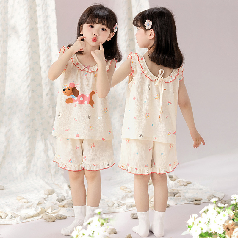 子供用ネグリジェ、女の子夏新作クラウドコットンベストサスペンダーロングスカート母娘親子フレンチパジャマホーム服|undefined
