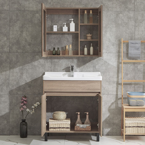 Solid wood bathroom cabinet, large sink, laundry cabinet, ceramic laundry tub with washboard, floor-standing Jinbaisheng Bathroom X90