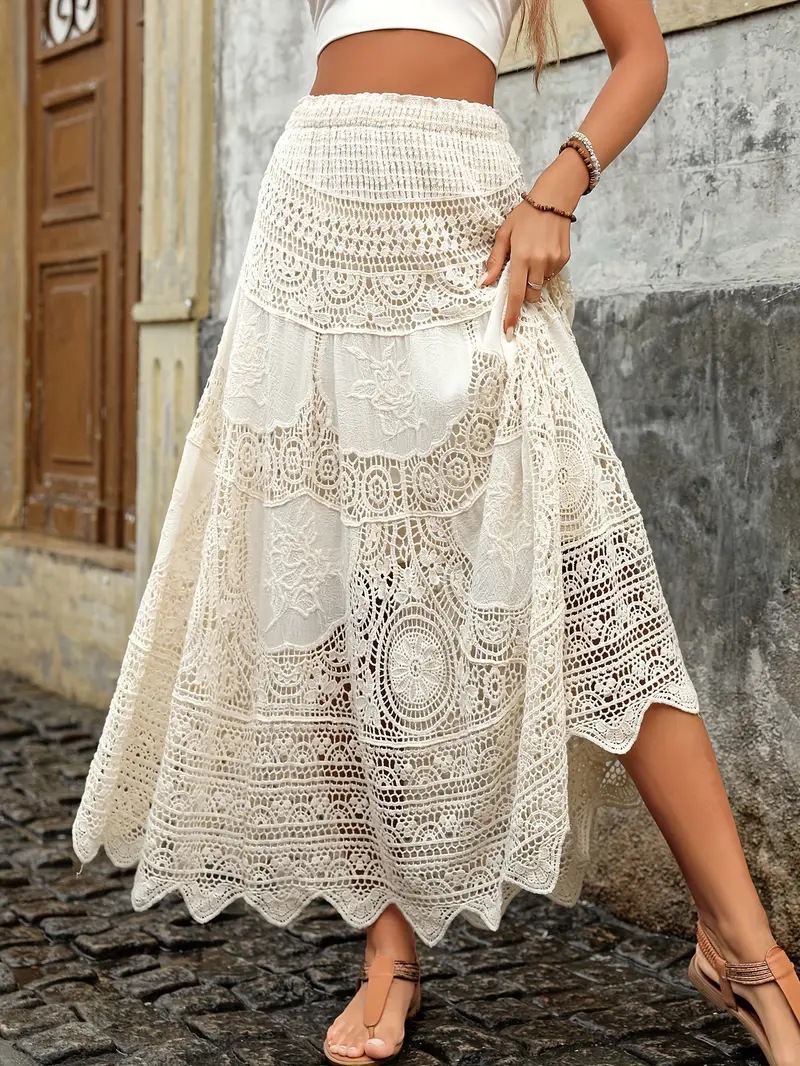 Crochet Hollow-Out For Women, New Summer Bohemian Resort Style, Unique Design, Casual Long Skirt_ecoleips.com
