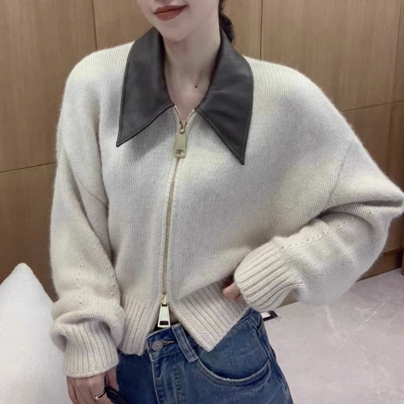 复古翻领撞色拼接拉链毛衣女外套慵懒风秋冬季外穿针织开衫上衣服