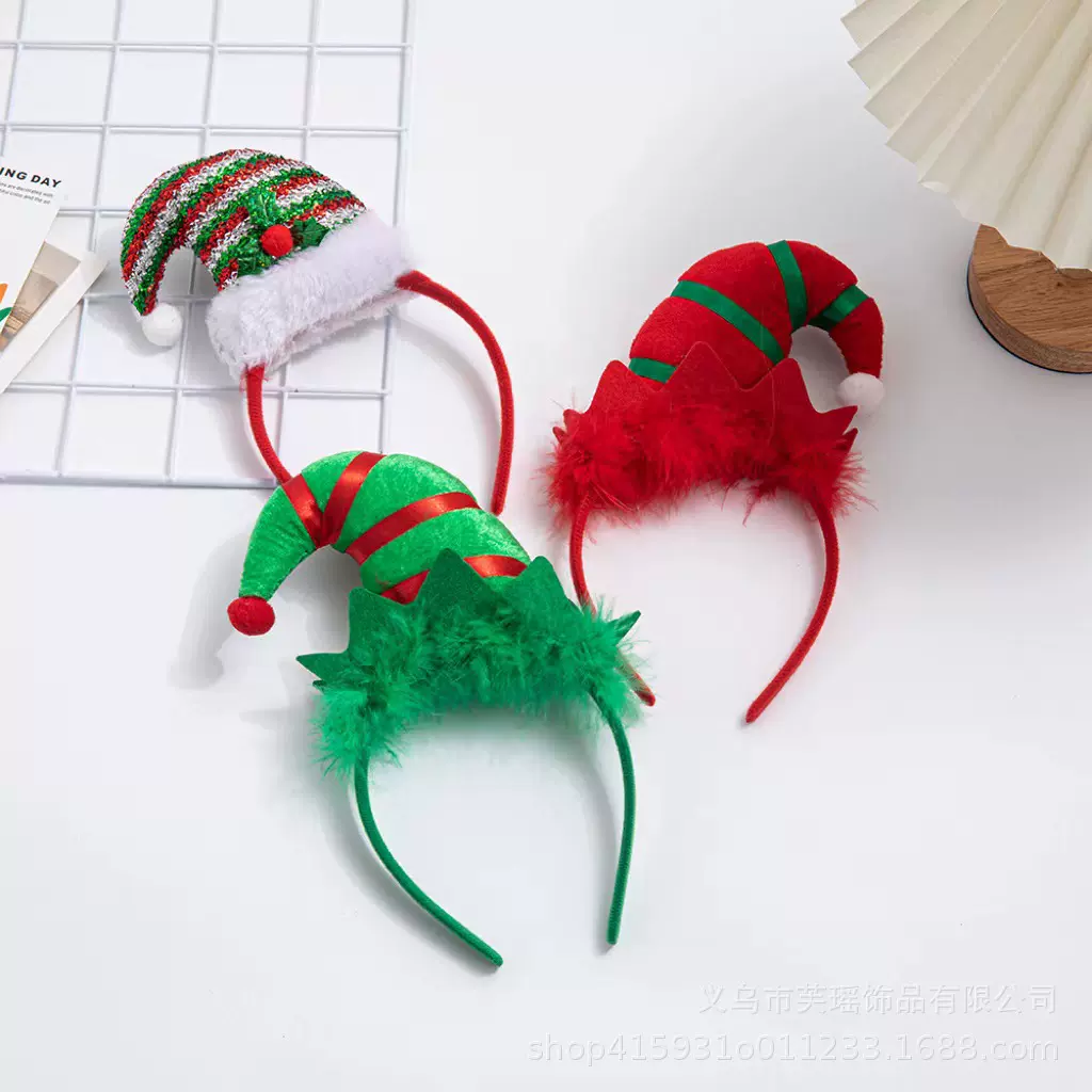 跨境热卖圣诞节派对聚会氛围感头箍 红绿色圣诞精灵帽子发箍头饰