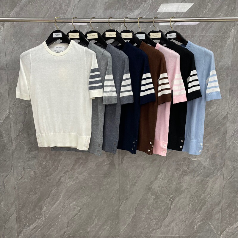 Factory Direct TB Spring and Summer New Golden Four Bar Thin Wool Knitted Crewneck Pullover Short Sleeve Fashion Casual