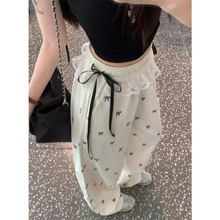 美式甜美蝴蝶结蕾丝拼接休闲裤女2024夏秋新款高腰宽松显瘦阔腿裤