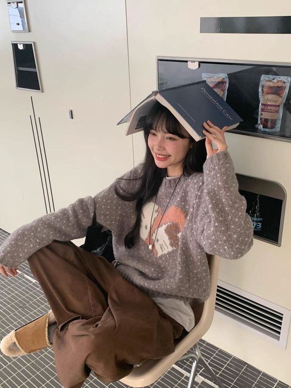 2025新款秋款简约百搭韩系复古爱心kitty套头针织毛衣女|undefined