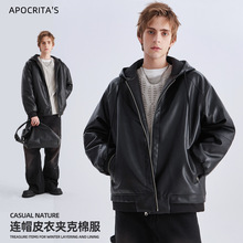 APO男装|连帽棉服男士冬季高级感潮流加厚保暖宽松拉链皮衣外套男