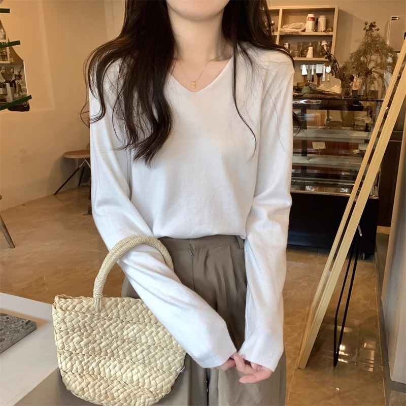 春秋冬季2025新款韩版长袖V领套头内搭打底针织衫女宽松毛衣上衣|undefined