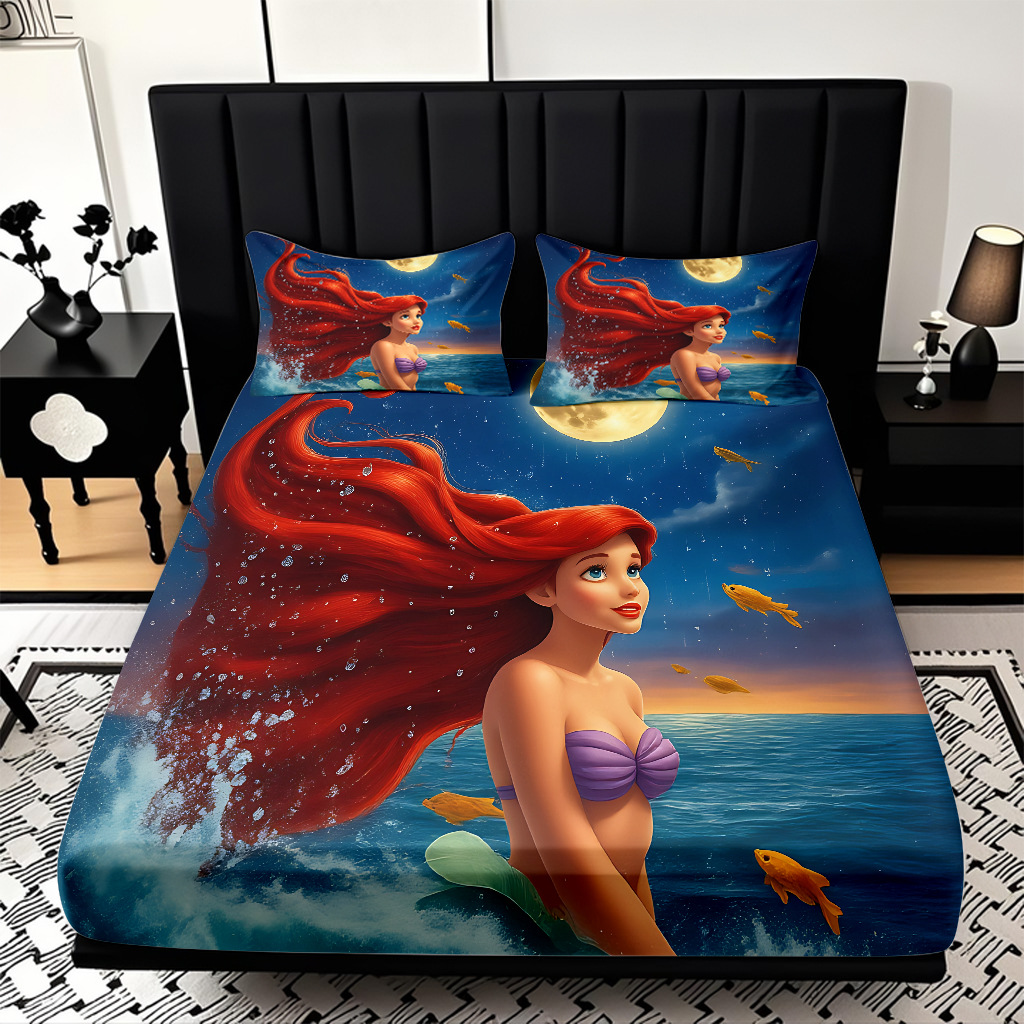 JIT modo Temu 3D impresión de caricatura sirena cama textil casera camisa ropa de cama tres piezas set transfronterizo mayorista