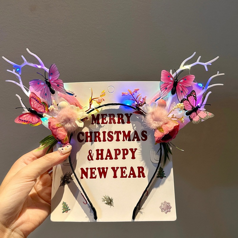 节日红鹿角发光发箍女儿童可爱发卡头饰森系麋鹿头箍成人闪光发饰|undefined