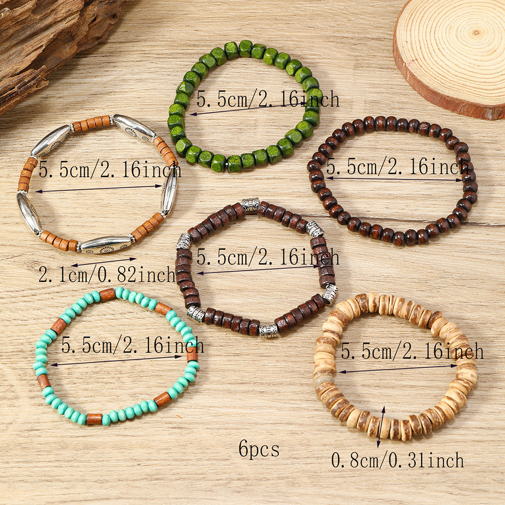 Nuovo set di braccialetti multistrato elastici in lega di perline di legno CCB da 6 pezzi, stile europeo e americano, casual e retrò_voghion.com