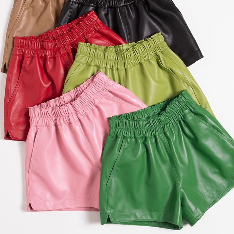 Genuine Leather Shorts for Women 2026 Spring and Autumn New Style Sheepskin High-Waisted Slimming Elegant Versatile Leather Pants Casual Pants with Elastic Waist