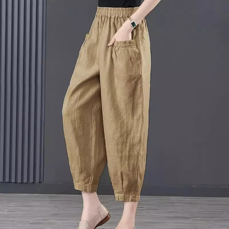 Ice Silk cotton and linen cropped women's pants elastic high waist bloomers draping feeling 2023 spring and summer loose harem pants