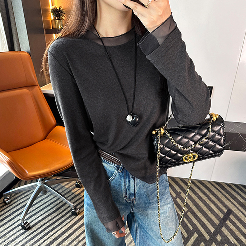 Mesh Hollow-Out Patchwork Half-High Collar Lace Shirt for Women, Autumn and Winter Design, Slim Fit, Fleece-Lined, Warm T-Shirt Base Layer Top