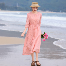 春夏原创新款文艺苎麻碎花A字裙七分袖系带法式温柔风棉麻连衣裙