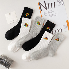 Pizza burger socks for men, new Korean version ins embroidered cartoon creative high top breathable sweat-absorbent mid-tube cotton socks