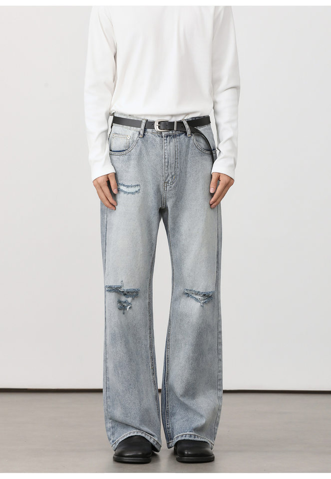 Quần jean nam ống loe nhẹ rách gối phong cách retro, dáng rộng ống suông tôn dáng, quần dài casual — Xanh nhạt, Xanh đậm chi tiết 35
