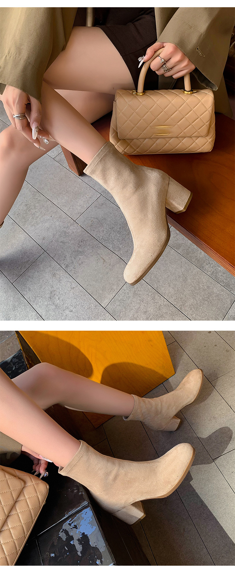 Boot nữ cổ cao ôm bắp chân mũi tròn gót vuông đế dày da lộn — Lớp lót đơn trên đầu gối màu kaki chi tiết 15