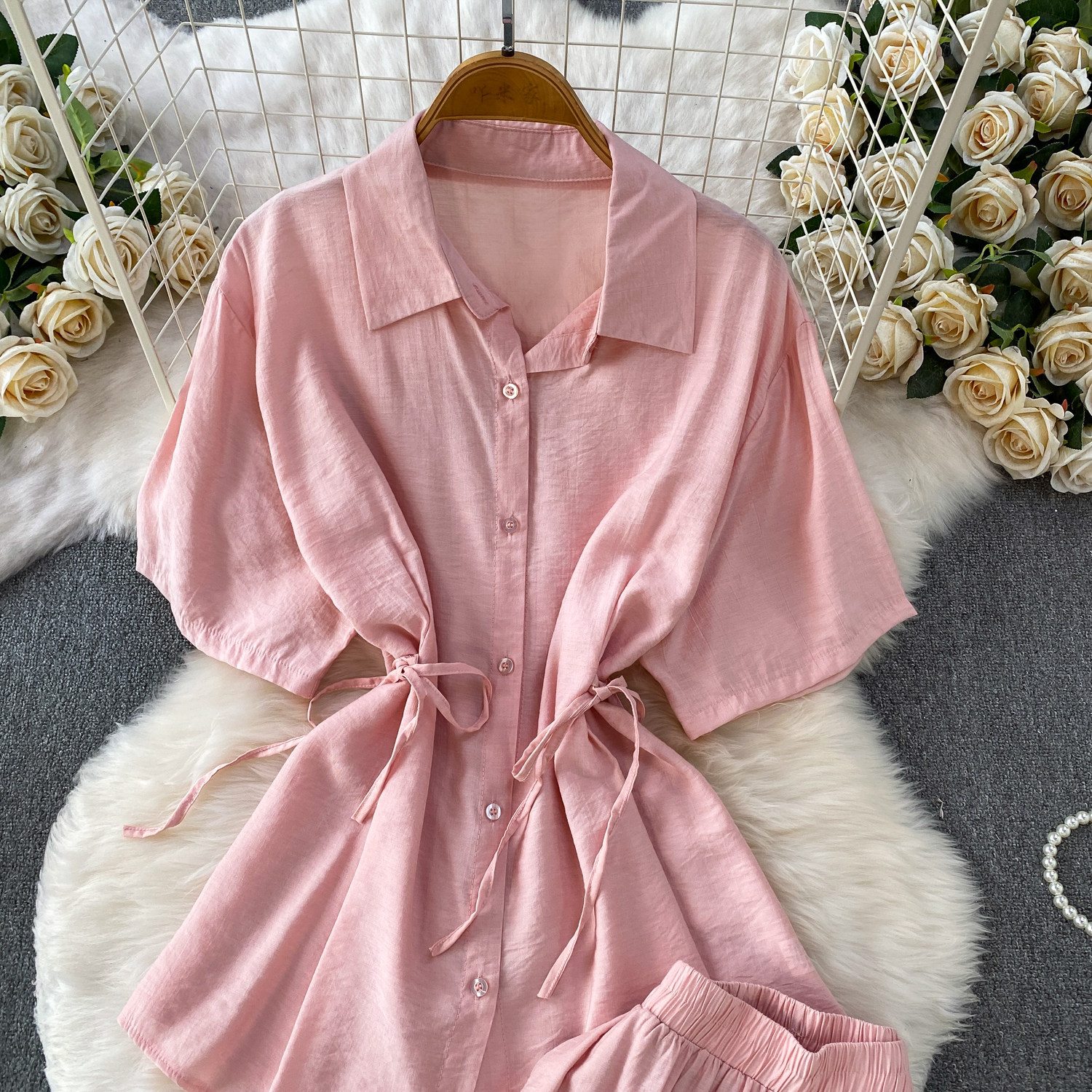 High-Waisted Slimming Collared Shirt with Side Ties And Wide Leg Trousers Women's Outfit Casual Style Set_ecoleips.com