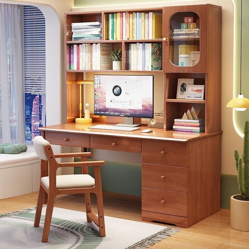Solid Wood Desk Bookcase Bookshelf Integrated Combination Home Office Computer Desk Bedroom Junior High School Students Children's Study Table