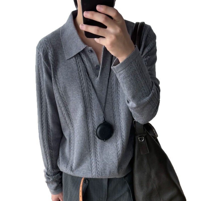 Men's Retro Knit Sweater – Oversized Collared Pullover With Wrinkle-Free Fabric (Gray, M-3XL)_voghion.com