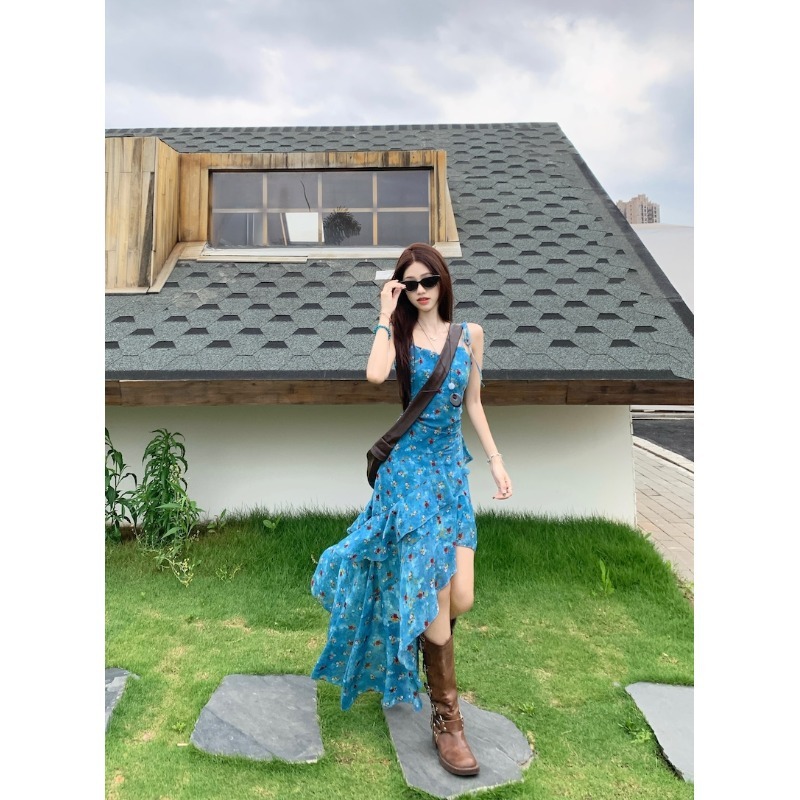リゾートスタイルレトロ花柄サスペンダードレス女性の夏のデザイン不規則なロングスカートウエスト痩身Aラインスカート|undefined