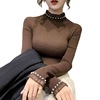 Half high neckline lace patchwork beaded sweater for women's stylish elastic bottom