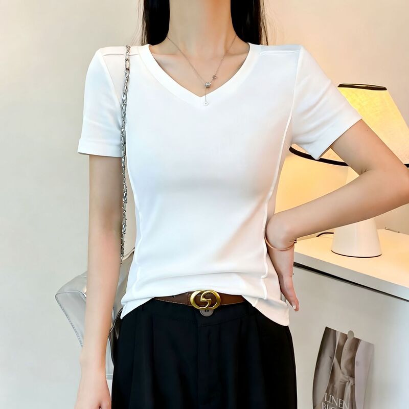White V-Neck Fishbone Short-Sleeve T-Shirt for Women, 2026 Spring/Summer Slim-Fit Design, Stylish Base Layer Top