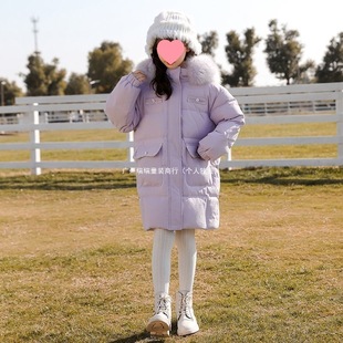 2023 New Children's Down Jacket Women's Mid-length Large Wool Collar Winter Korean Style Thickened Coat