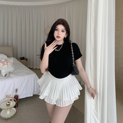 速卖通卸売 太め女子向け 大きいサイズ 黒Tシャツトップス ハイウエスト 着痩せ ケーキスカートセット レディース 万能コーデ