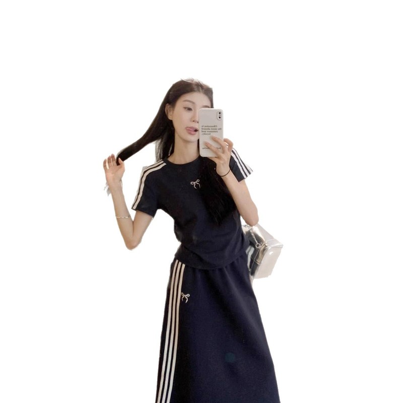 2025 新しい夏の大きいサイズの女性の韓国スタイルファット MM スリムスポーツカジュアルスタイル Tシャツミドル丈スカートスーツ|undefined