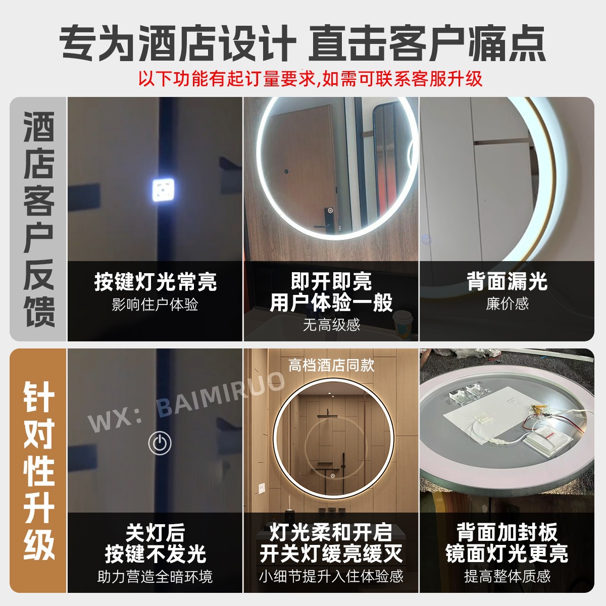 Proyecto de hotel Espejo de baño Espejo redondo Baño de pared de aluminio para baño Todas las estaciones Home Inn B & B Anti-niebla