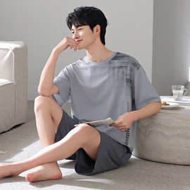 莫代尔棉睡衣男夏季薄款短袖短裤大码可外穿夏天套头家居服男款
