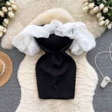 跨境名媛小洋装法式性感一字领露肩褶皱泡泡袖修身短款礼服连衣裙