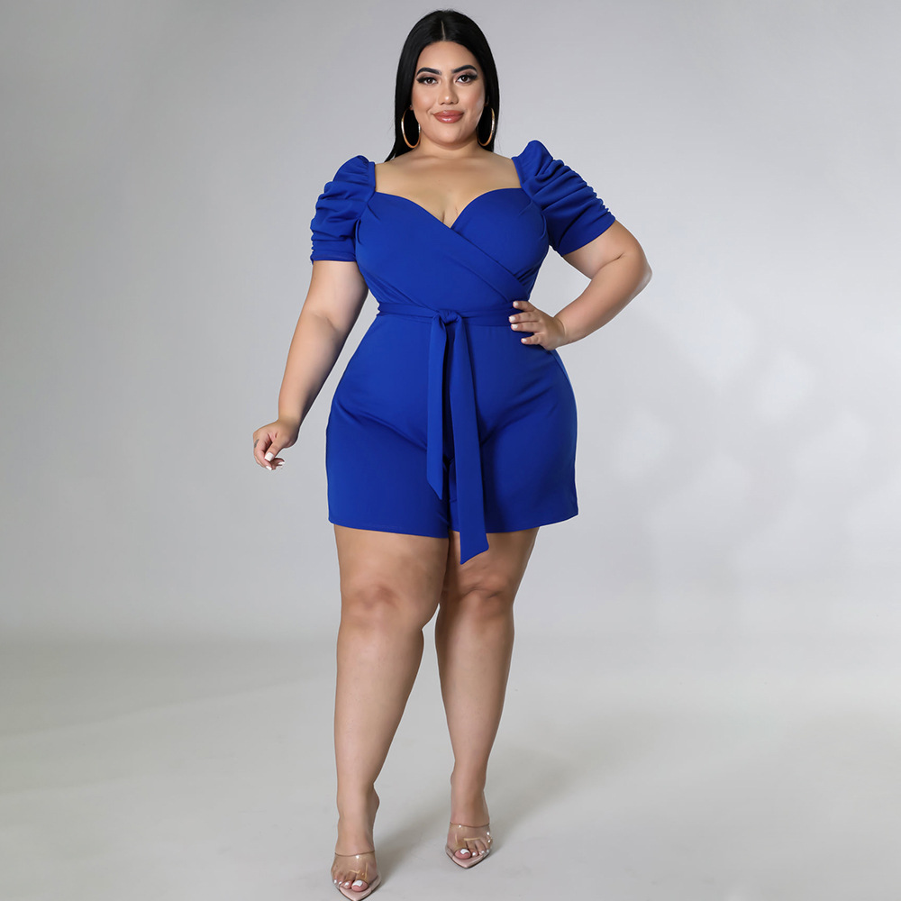 plus size low-cut puff sleeve lace-up solid color jumpsuit NSLNW122670