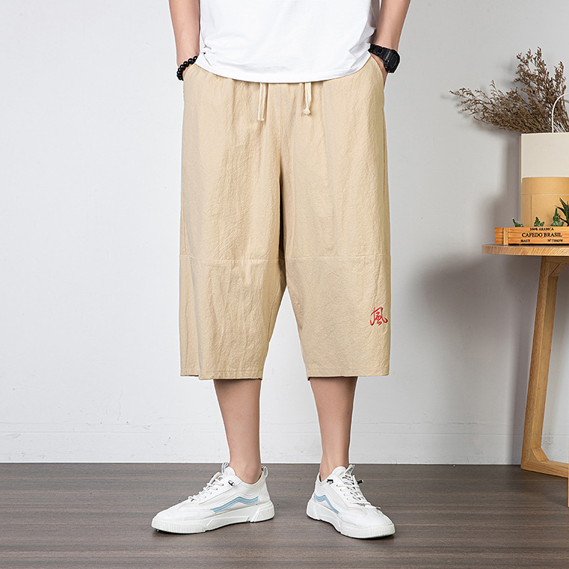 トレンディなブランドの男性用クロップドパンツ、リネンショートパンツ、無地の中国風紳士服、ルーズストレートビーチパンツ、トレンディなコットンとリネンのパンツ|undefined