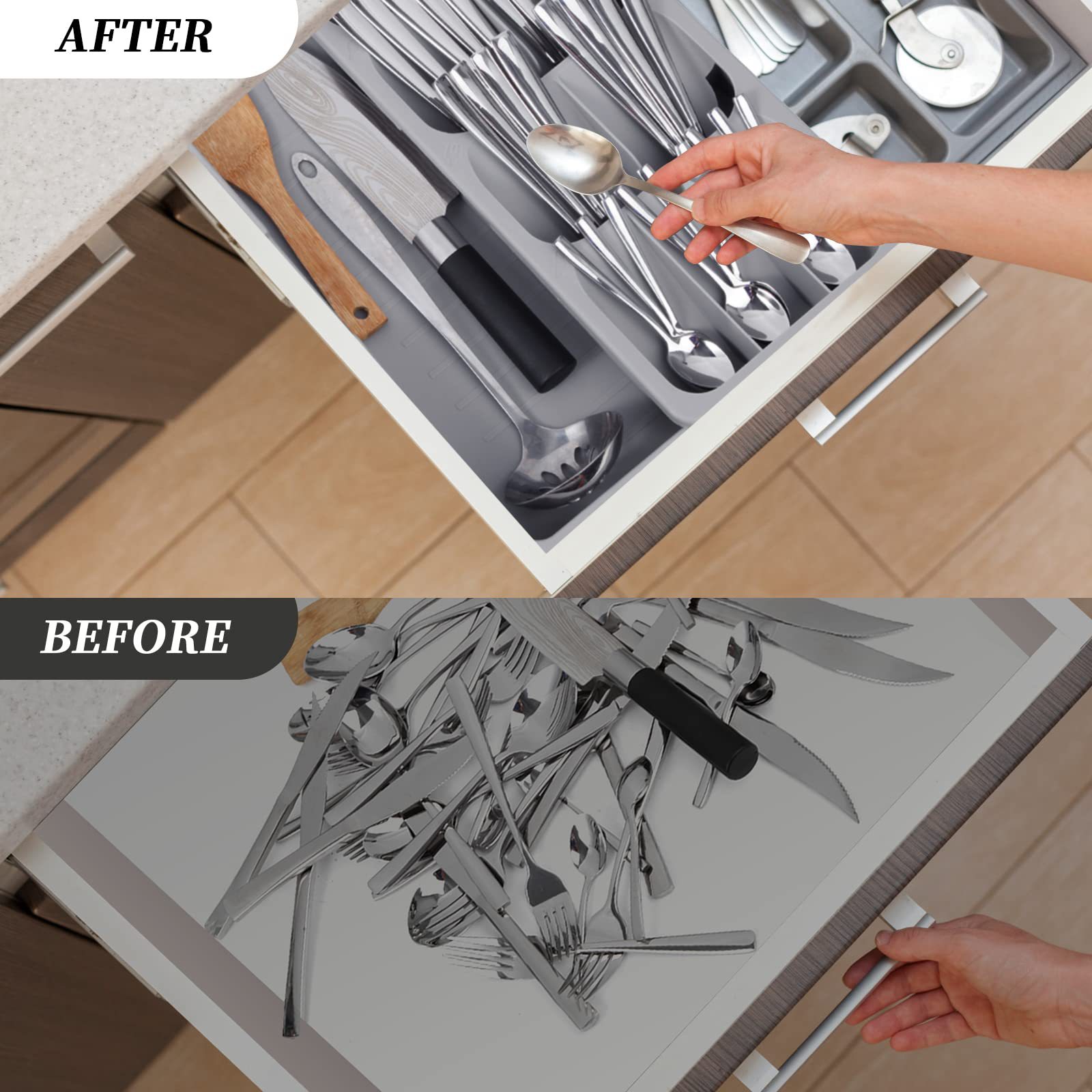 Caja de almacenamiento retráctil para cubiertos, organizador de cucharas, estante de almacenamiento para cocina, caja de varios compartimentos para cajones, fabricante en stock