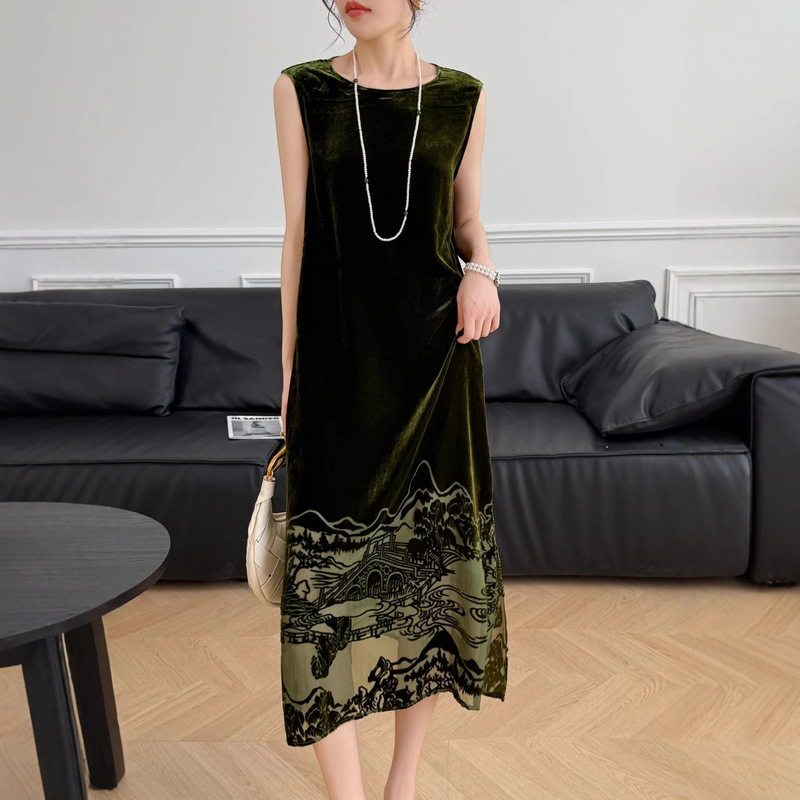 2025 Summer Retro Style Silk Velvet Positioning Flower Extended Vest Dress Fashionable Sleeveless Dress for Women