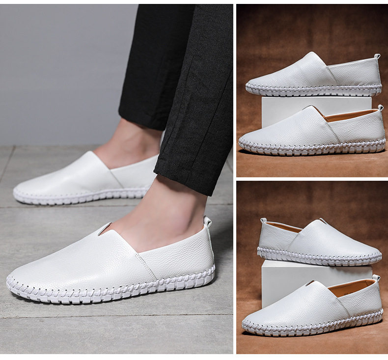 Giày lười nam da bò lớp đầu cỡ lớn, kiểu slip-on mũi tròn, đế bệt — 955 Trắng đục lỗ, 955 lỗ màu nâu, 955 lỗ màu đen, 955 màu xanh lam chi tiết 14