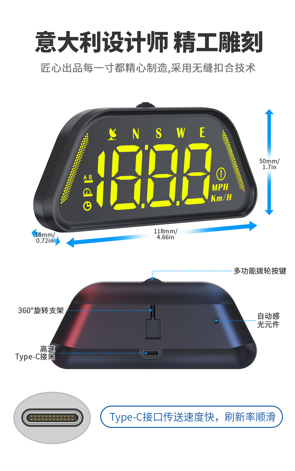 Car Hud Head-Up Display Universal for Cars with Beidou Gps, Altitude, Date, Speedometer, High-Definition Display, Colorful Display