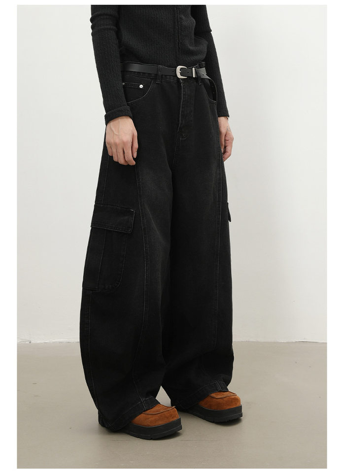 Quần jean nam ống rộng baggy phong cách retro Mỹ, nhiều túi khóa kéo, lưng giữa eo — màu xám đen chi tiết 6